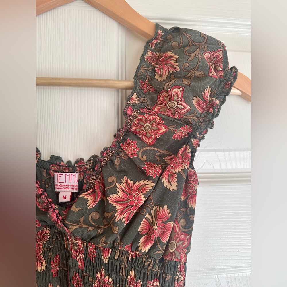 CIENNA Floral Maxi Dress Boho Smocked Waist Short Sleeve V-Neck Silk Blend M - Picture 3 of 6